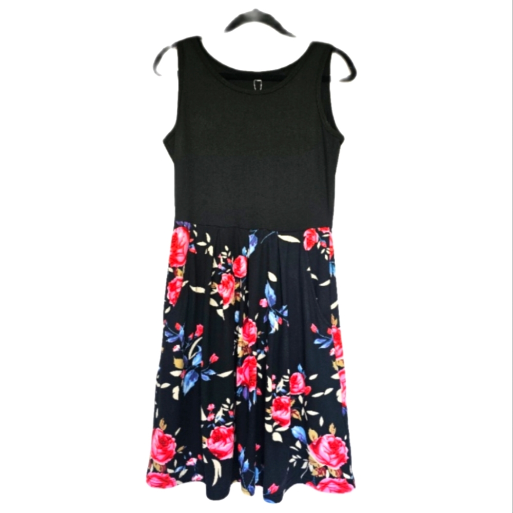 Floral Midi Dress scoop neck tank top pockets Medium Todolor